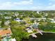 Stunning aerial view showcases waterfront homes with docks and serene neighborhood surrounded by lush greenery and sparkling waters at 8848 Sunlit Cove Ne Dr, St Petersburg, FL 33702