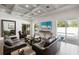 A bright living room with a TV and view of the beautiful outdoor swimming pool at 911 S Sterling Ave, Tampa, FL 33629