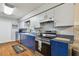 Kitchen with blue base cabinets, stainless steel appliances, and wood-look flooring at 12106 Meadow Ln, San Antonio, FL 33576