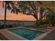Inviting pool with patio and landscape, nestled by a waterfront view and a tree adorned with string lights at 150 Carlyle Dr, Palm Harbor, FL 34683