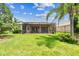 Expansive backyard featuring a screened-in patio and a lush green lawn with mature palm trees at 16101 Cape Coral Dr, Wimauma, FL 33598