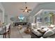 Airy living room with vaulted ceilings, a ceiling fan, and plenty of natural light at 23739 Forest View Dr, Land O Lakes, FL 34639