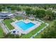 Aerial view of a community pool featuring ample lounge seating, umbrellas, and a well-manicured lawn at 23739 Forest View Dr, Land O Lakes, FL 34639