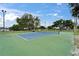 Outdoor tennis court with green and blue surface surrounded by trees and fencing at 23739 Forest View Dr, Land O Lakes, FL 34639