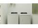 Bright laundry room featuring a modern white washer and dryer set with storage shelving at 3477 Lapis Lake Dr, Zephyrhills, FL 33541