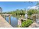 Picturesque waterfront dock featuring wooden walkways, lush greenery, and a bright 