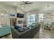 Open-concept living room featuring a fireplace, ceiling fan, and sliding glass doors to the pool at 4612 River Overlook Dr, Valrico, FL 33596