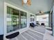 The covered patio is perfect for relaxing with outdoor furniture and a view of the backyard at 8214 Wheat Stone Dr, Zephyrhills, FL 33540