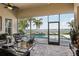 Screened porch overlooking a luxurious pool, patio, and beautiful waterfront at 11327 Lake Lucaya Dr, Riverview, FL 33579