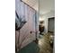 Well-lit bathroom featuring stylish wood flooring, a modern vanity, and attractive shower curtain with a floral design at 11617 Brighton Knoll Loop, Riverview, FL 33579