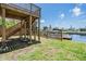 Beautiful waterfront backyard features a wooden deck, dock, and canal access with lush green grass at 13039 Keel Ct, Hudson, FL 34667