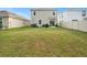 Expansive backyard featuring a lush green lawn, a patio with furniture, and partial fencing for privacy at 17012 Oval Rum Dr, Wimauma, FL 33598