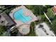 Overhead view of the community pool area, featuring a pool, hot tub, lounge chairs and well-maintained landscaping at 11021 Silver Dancer Dr, Riverview, FL 33579