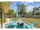 Covered patio features a seating area, a fire pit, and an umbrella at 11315 N Armenia Ave, Tampa, FL 33612
