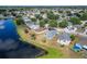 A beautiful aerial view of the neighborhood homes and a pond in a lush landscaped surrounding at 12119 Buffington Ln, Riverview, FL 33579