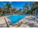 Large community pool with abundant lounge chairs surrounded by mature trees at 124 Woodlake Wynde, Oldsmar, FL 34677