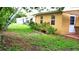 Well-maintained backyard with lush lawn, garden bed, and direct access to patio seating area at 12407 Partridge Hill Row, Hudson, FL 34667