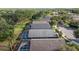 Overhead view of screened pools, well-manicured lawns, and mature trees showcasing a tranquil residential neighborhood at 18631 Le Dauphine Pl, Lutz, FL 33558