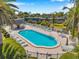 Aerial view of the community pool area and lounge chairs with sun umbrellas at 2003 Cordova Grn, Seminole, FL 33777