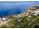 Aerial view of waterfront property with access to docks and nearby park, blending residential and recreational spaces at 351 Hancock St, Dunedin, FL 34698