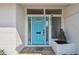 Close-up of a bright blue front door with decorative glass and sidelights at 8413 Lopez Dr, Tampa, FL 33615