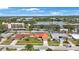 An aerial view of a single Gathering home showcasing a terracotta roof, manicured lawn, and well-kept neighborhood at 13821 Joyce Dr, Largo, FL 33774
