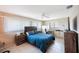 Comfortable bedroom with blue accents features a ceiling fan and a built-in desk for a quiet workspace at 13821 Joyce Dr, Largo, FL 33774