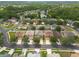 Wide aerial view showcasing a residential neighborhood with lush greenery and a scenic pond at 18424 Cypress Bay Pkwy, Land O Lakes, FL 34638
