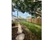 Large backyard with wooden fence and mature trees offering ample green space at 2233 Springwood W Cir, Clearwater, FL 33763