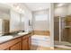 Bathroom featuring double sink vanity, soaking tub, and tiled walk-in shower at 2903 Cypress Bowl Rd, Lutz, FL 33558