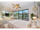 Bright main bedroom featuring hardwood floors, a fan, modern lighting, and large windows with scenic views at 3165 Renatta Dr, Belleair Bluffs, FL 33770