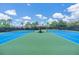 Outdoor tennis courts offering a vibrant green playing surface, surrounded by lush palm trees, and clear blue skies at 32242 Summerglade Dr, Wesley Chapel, FL 33545