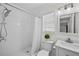 Clean and bright bathroom featuring a subway tile shower, a toilet and vanity with marble countertop at 4705 W Estrella St, Tampa, FL 33629