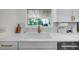 Bright kitchen sink with white cabinets, quartz counters, and a view of the backyard at 4705 W Estrella St, Tampa, FL 33629