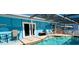 Outdoor screened-in pool area with blue walls, furniture, and access to the home at 821 Karen St, Palm Harbor, FL 34684