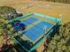 High angle shows fully enclosed tennis courts with green and blue surface and surrounding trees at 13201 Wellington Hills Dr, Riverview, FL 33579