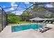 Beautiful screened-in pool with spa, lounge chairs, umbrellas, and fire bowls surrounded by lush landscaping at 14910 Tom Fazio Ct, Tampa, FL 33626
