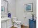 Chic powder room featuring a pedestal sink, blue vanity, and decorative artwork at 14910 Tom Fazio Ct, Tampa, FL 33626