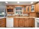 Well-lit kitchen with wood cabinetry, granite counters, and a modern white dishwasher appliance at 18712 Lakeshore Dr, Lutz, FL 33549