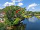 Waterfront property with mature trees and a private dock on a sunny day at 18712 Lakeshore Dr, Lutz, FL 33549
