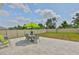 Spacious backyard patio with outdoor seating, a green umbrella, manicured grass and a privacy fence at 2858 Star Anise Ln, Wimauma, FL 33598