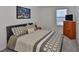 Bedroom with a patterned comforter on the bed, a window with blinds, and a dresser with a television at 2858 Star Anise Ln, Wimauma, FL 33598