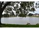 Scenic lake view from a tree covered vantage point with a fountain in the middle and houses in the background at 3861 Sailmaker Ln # 3861, Holiday, FL 34691