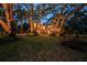 Beautifully landscaped front yard featuring mature trees surrounding the charming home at dusk at 420 Hanby St, Crystal Beach, FL 34681