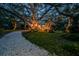 Crushed-shell driveway winding towards the house with mature trees illuminated at dusk at 420 Hanby St, Crystal Beach, FL 34681