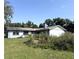 Exterior of a single-story home with a blue exterior and overgrown front yard at 9722 Kenton Rd, Wesley Chapel, FL 33545