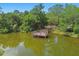Picturesque pond with a wooden dock, surrounded by lush trees and greenery, creating a tranquil environment at 11624 Calf Path Dr, Tampa, FL 33626