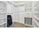 Walk-in closet with custom shelving, drawers, and ample storage space with carpet flooring at 11624 Calf Path Dr, Tampa, FL 33626