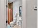 Small bathroom featuring a pedestal sink, toilet, and tiled shower with curtain at 16124 Suncrest Shores Dr, Odessa, FL 33556