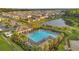 Community pool area featuring palm trees, lounge chairs, and a scenic pond in the neighborhood at 32714 Brooks Hawk Ln, Wesley Chapel, FL 33543